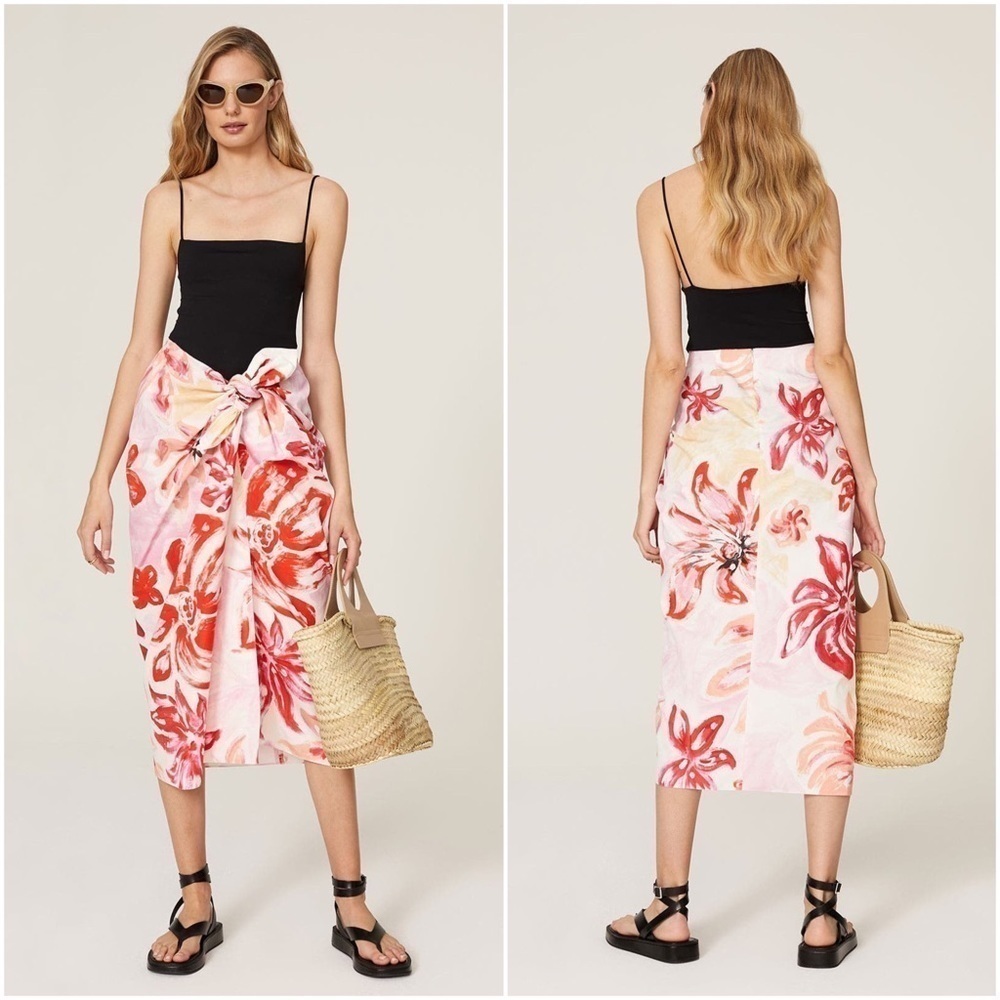 MARNI Pink Floral Poplin Cotton-Silk Blend Tropical Midi Sarong Wrap Skirt Sz 10 - Picture 2 of 10